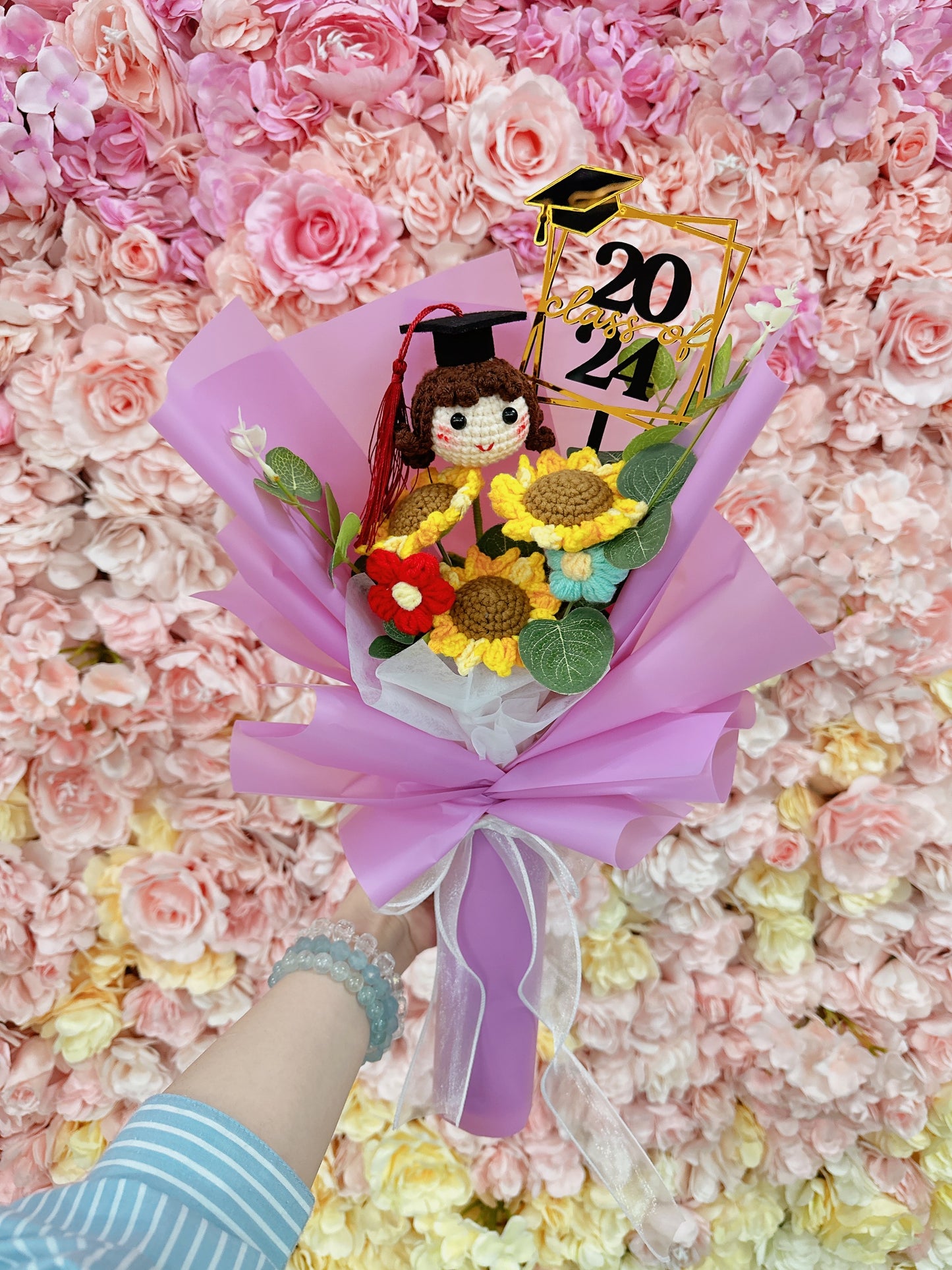 紫靜蘭色|畢業女仔頭|太陽花|向日葵|畢業花束|畢業禮物|針織花 編織花束|人手製作|觀塘花店