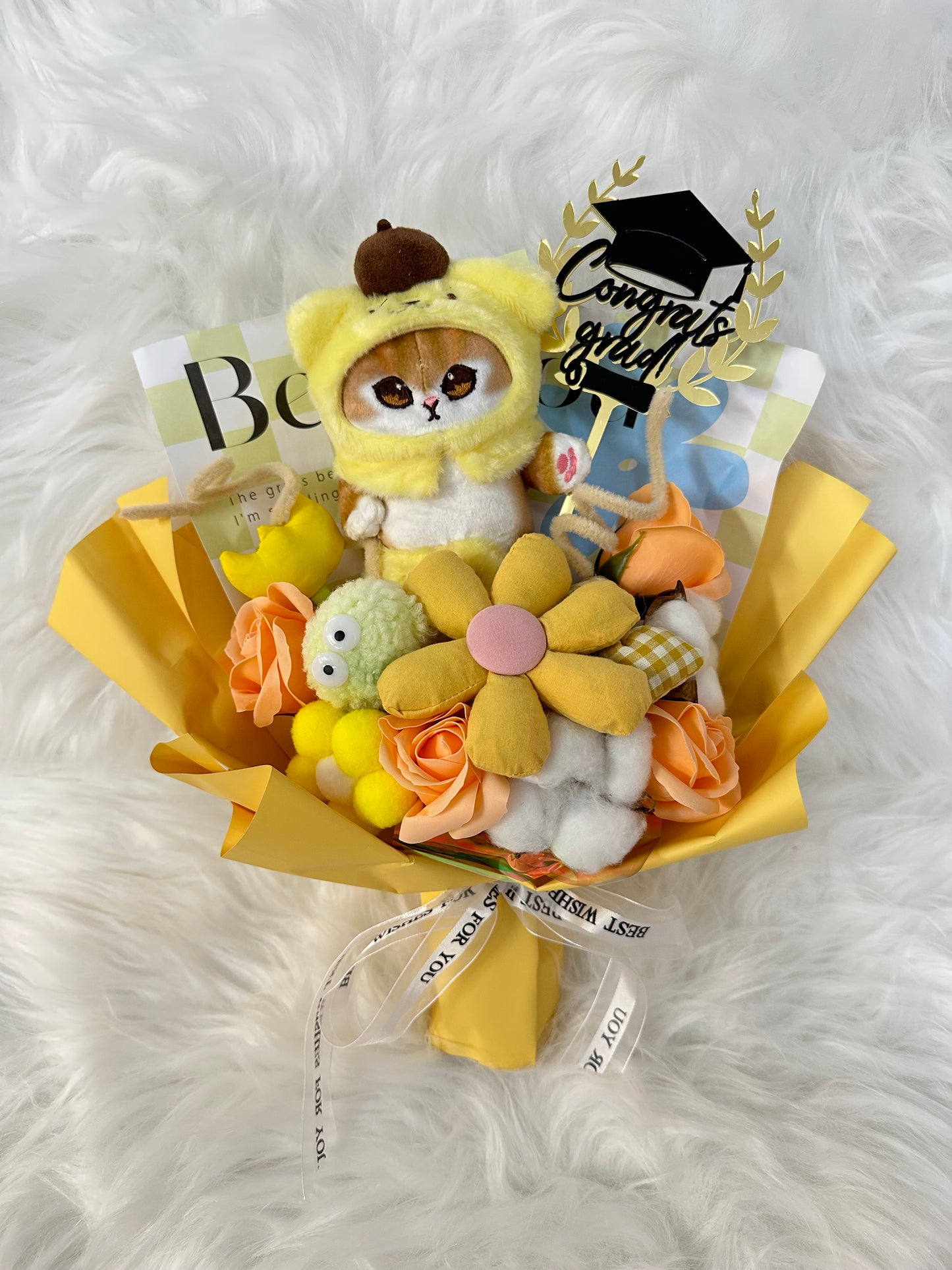 Pompompurin 布甸狗 布丁狗 公仔花|鯊魚貓 Mofusand| Sanrio 三麗鷗|向日葵|棉子|滿天星|畢業花束|畢業禮物|畢業公仔|針織花束 編織鈎織花束|人手製作|網上花店|香港花店|觀塘花店