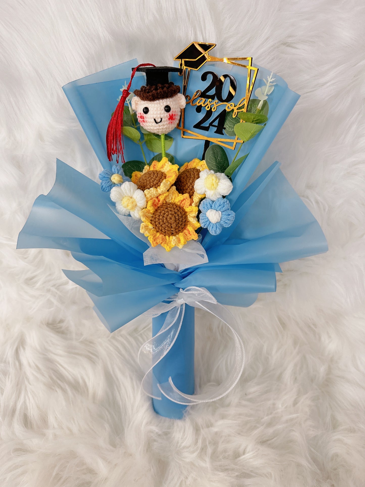 奧柏藍色|畢業男仔頭|太陽花|向日葵|畢業花束|畢業禮物|針織花 編織花束|人手製作|觀塘花店