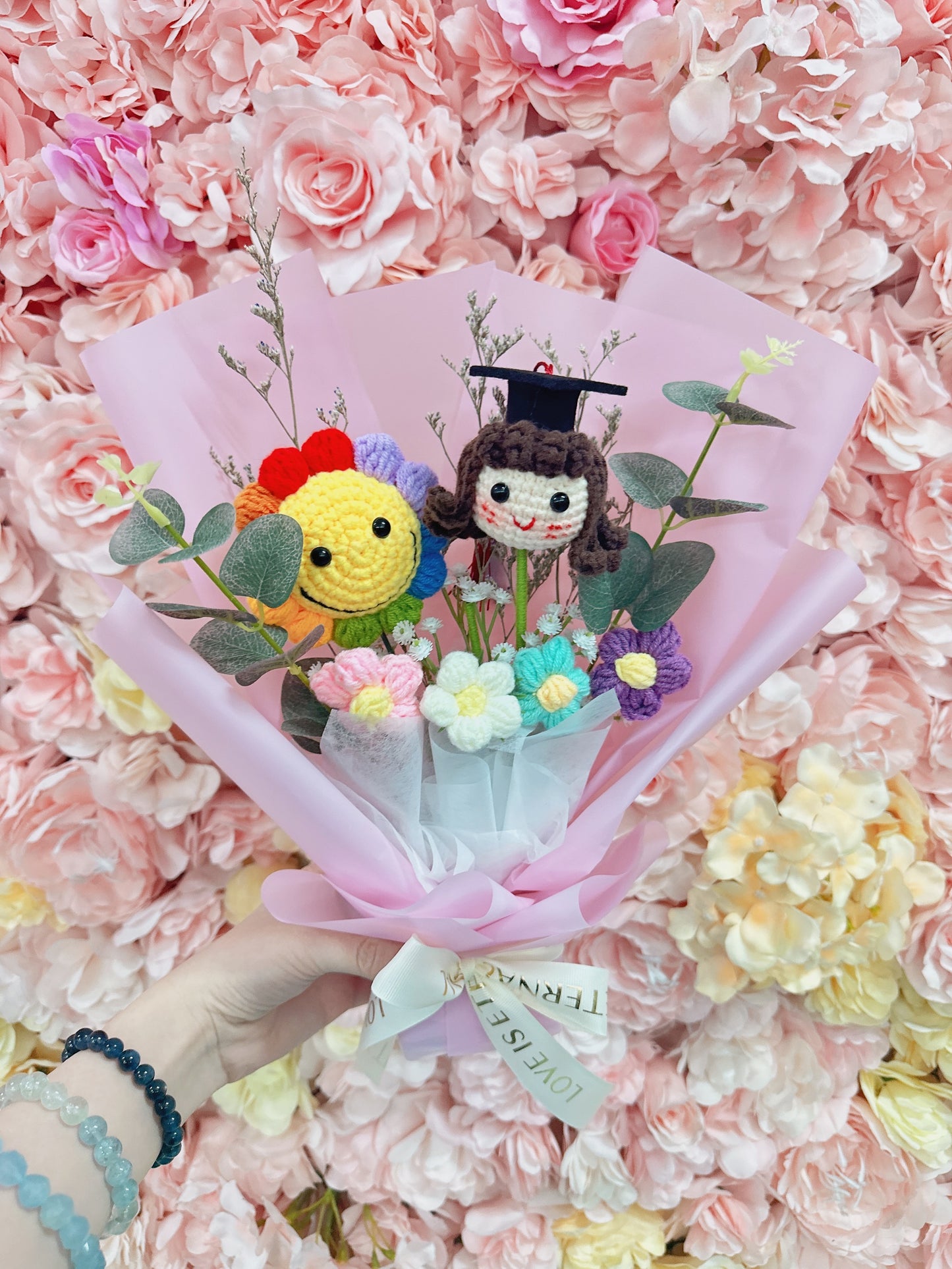 S Size |香芋紫色| 彩虹笑臉 向日葵|幼稚園 小朋友花束|畢業花束|畢業禮物|畢業公仔|針織花束 編織鈎織花束|人手製作|網上花店|香港花店|觀塘花店
